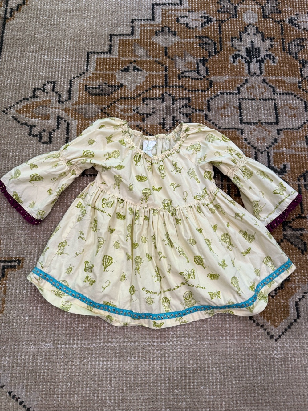 Girls Cream Dress with Green Hot Air Balloon Print
